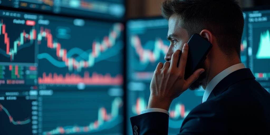 a man in a suit is talking on a cell phone in front of a computer screen with multiple graphs, Andri