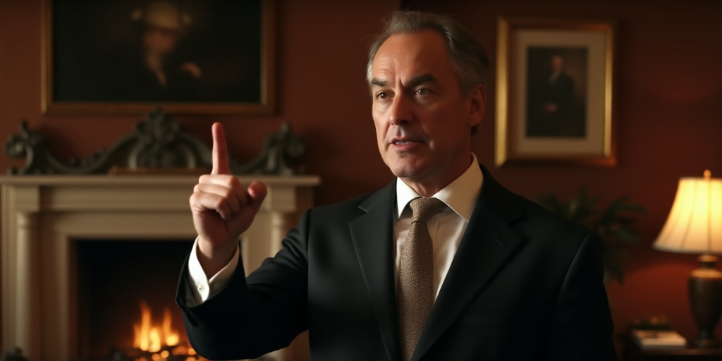 a man in a suit pointing at something with his finger in the air and a fireplace in the background,