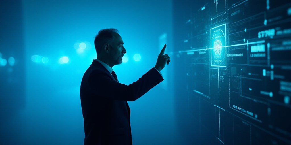 a man in a suit pointing at something with a finger up in front of him and a blue background, Carlos