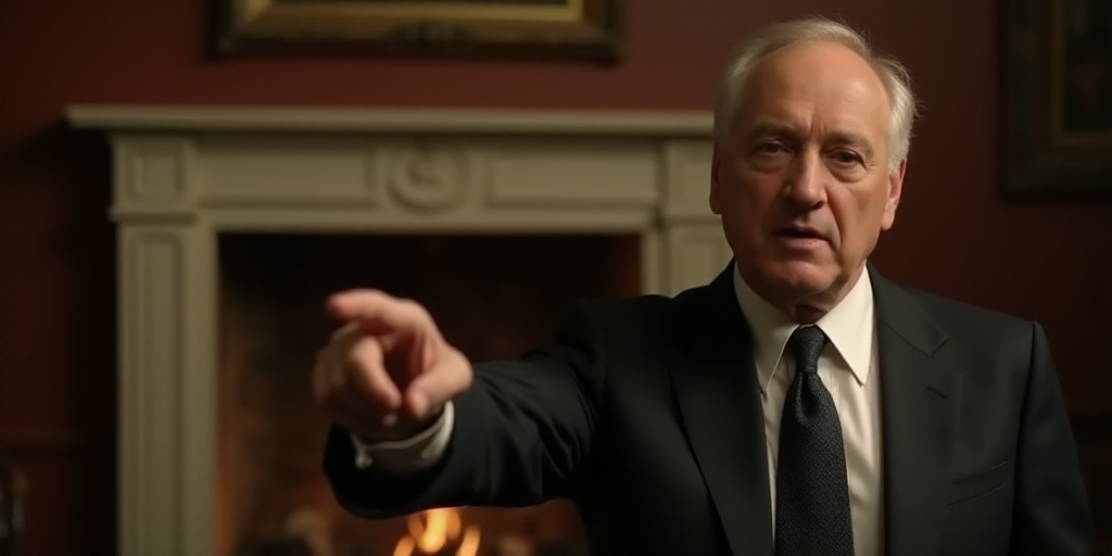 a man in a suit pointing at something with his finger in the air and a fireplace in the background,