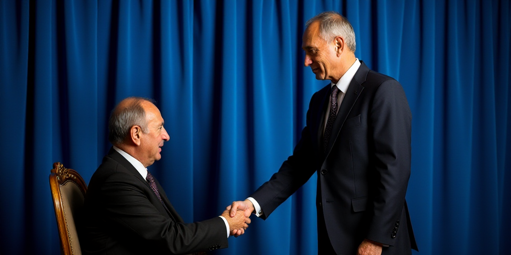 a man in a suit shaking hands with a man in a suit sitting in a chair in front of a blue curtain, Bo
