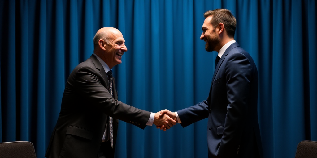 a man in a suit shaking hands with a man in a suit sitting down in a chair in front of a blue curtai