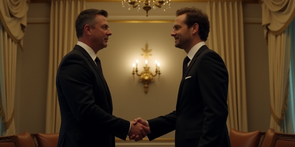 a man in a suit shaking hands with another man in a black shirt and tie in a room with gold trim, Fe