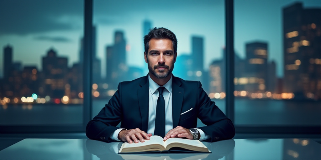 a man in a suit sitting at a desk with a book in front of him and a city skyline behind him, Felix-K