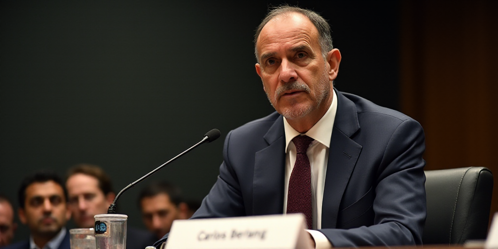 a man in a suit sitting at a table with a microphone in front of him and a sign behind him, Carlos B