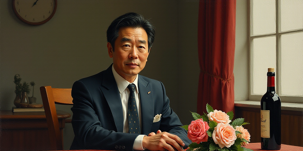 a man in a suit sitting at a table with flowers in front of him and a bottle of wine in the backgrou