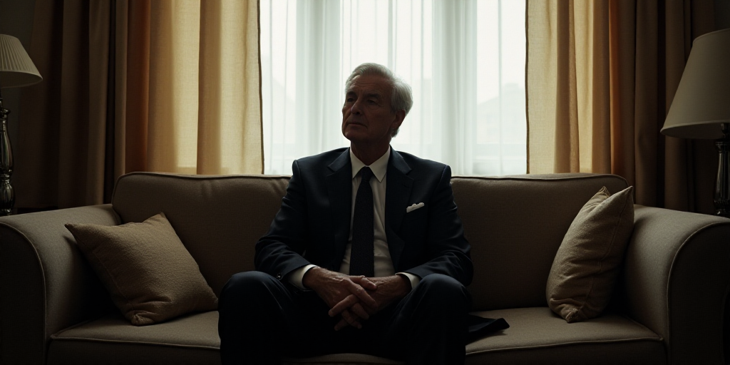 a man in a suit sitting on a couch in a living room with a window behind him and a lamp on the side,