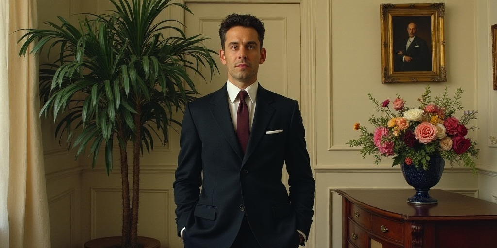 a man in a suit standing in a room with a plant in the background and a vase with flowers in the for