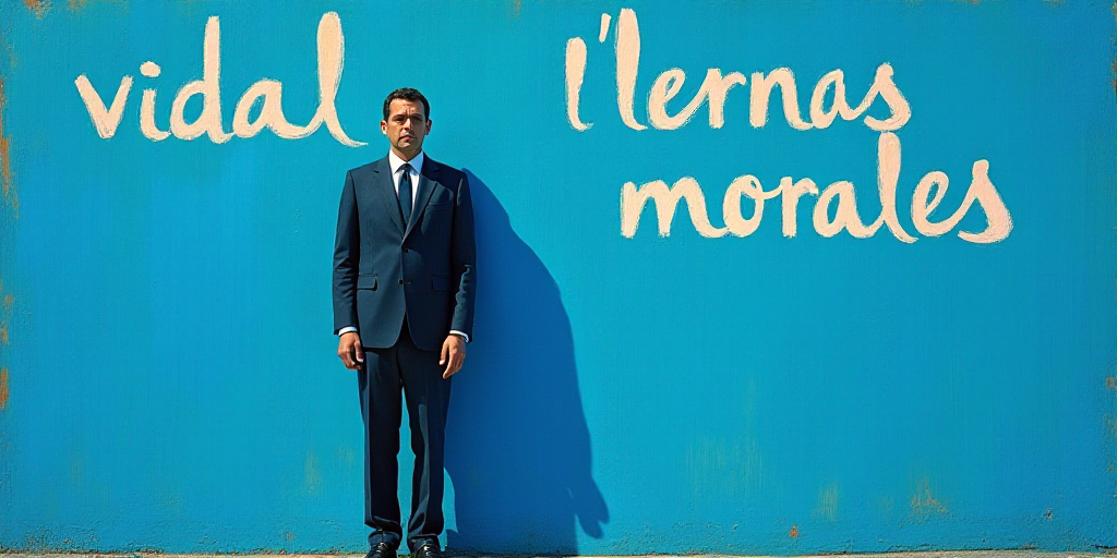 a man in a suit standing in front of a blue background with the words vidal llernas morales, Eduardo