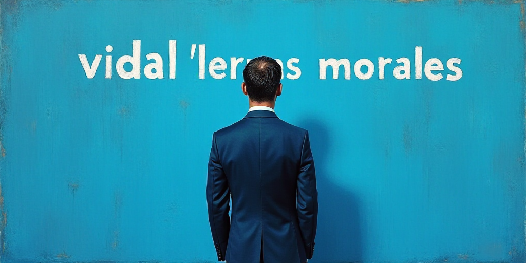 a man in a suit standing in front of a blue background with the words vidal llernas morales, Eduardo