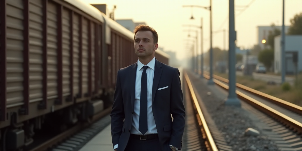 a man in a suit standing on a train track next to a train car and a train track with a train on it,