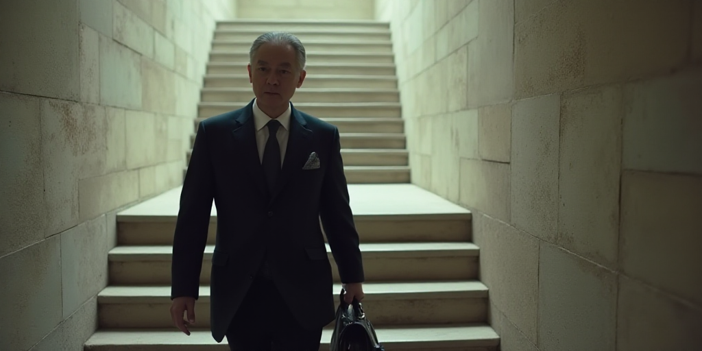 a man in a suit walking down a set of stairs with a suitcase in his hand and a handbag in his other