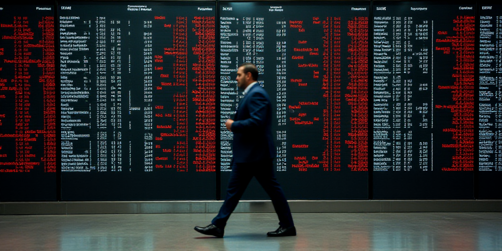 a man in a suit walking past a wall of stock information at a new york stock exchange building in ne
