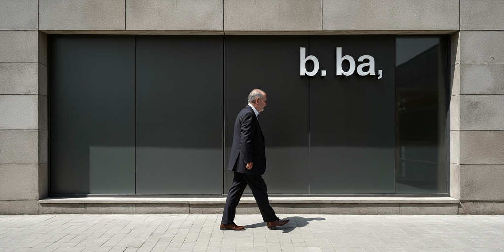 a man in a suit walking past a building with a sign that says b b a on it's front, Carlos Berlanga,