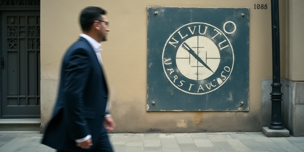 a man in a suit walks past a logo on a wall of a building in the city of san francisco, Avgust Čern