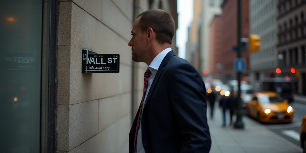 a man in a suit walks past a wall street sign on a building in new york city, new york, Andries Stoc