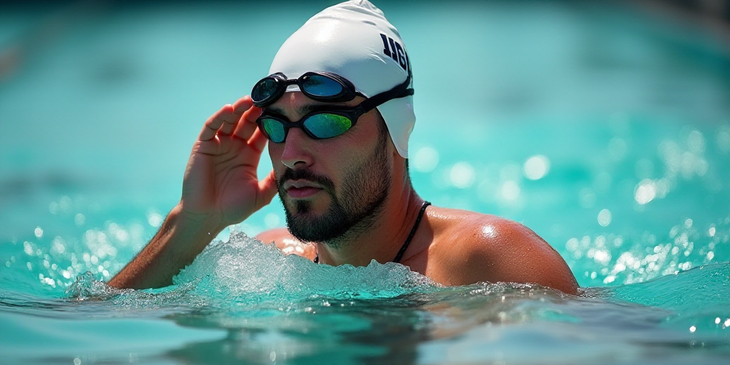 a man in a swimming cap and goggles holds his hand up to his ear as he swims, Ceferí Olivé, clear