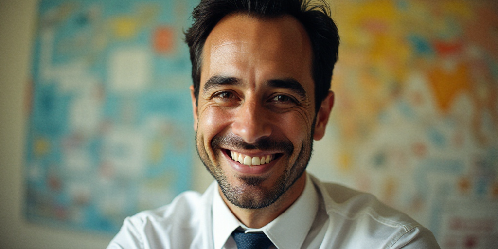 a man in a tie is smiling for the camera with a caption in spanish above him that reads, enrique cam