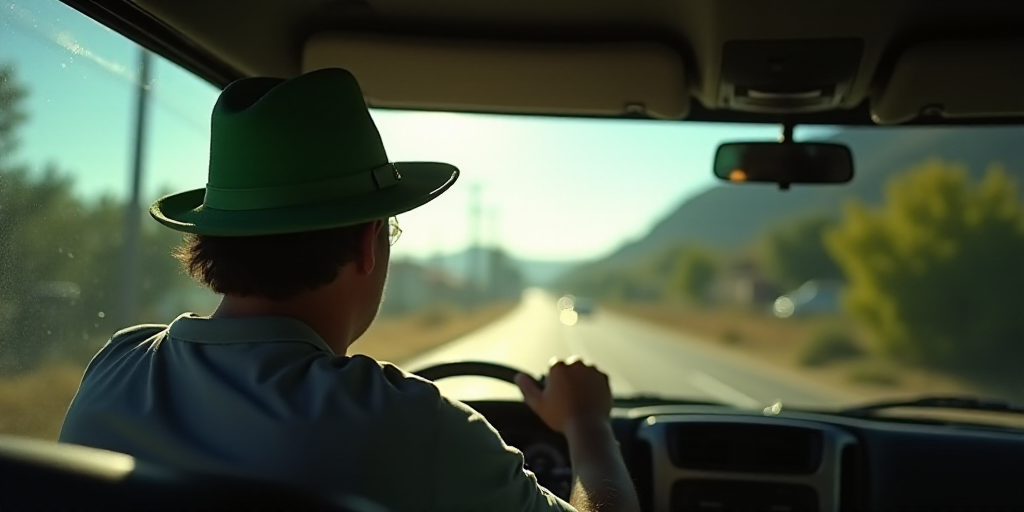 a man in a truck with a green hat on his head looking out the window at the street in front of him,