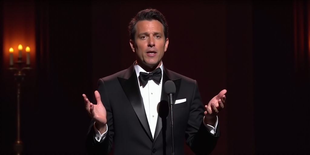 a man in a tuxedo is holding his hands out and speaking on stage with his hands out, Adam Rex, award