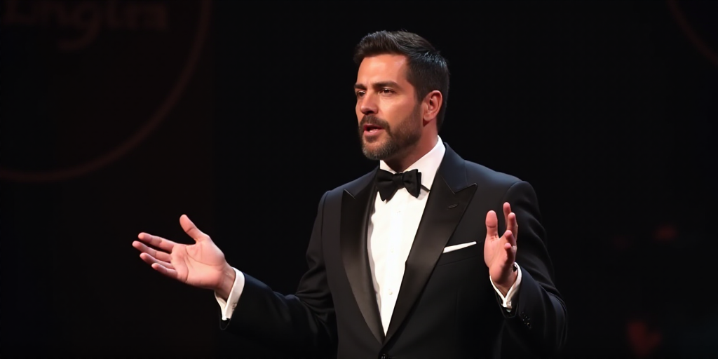a man in a tuxedo is holding his hands out and speaking on stage with his hands out, Adam Rex, award