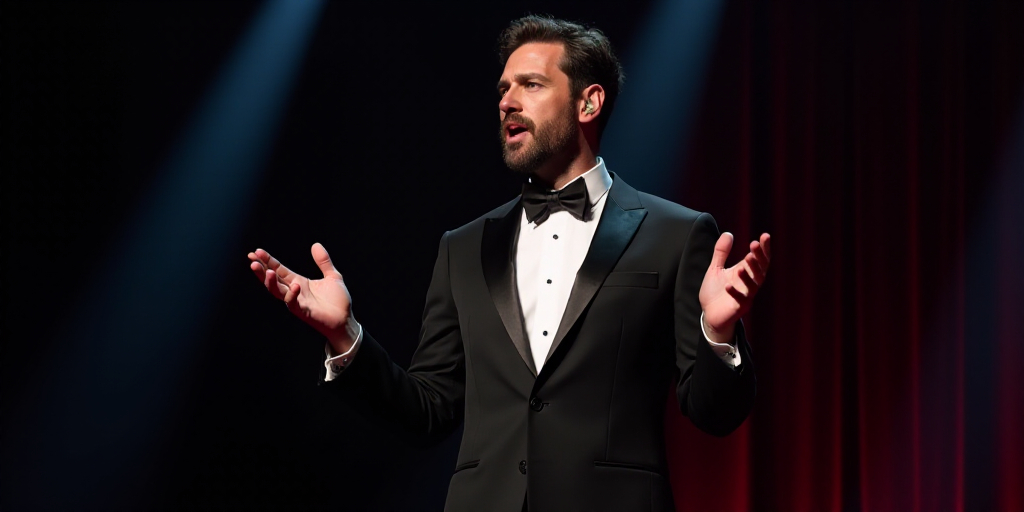 a man in a tuxedo is speaking on stage with his hands out and his hands out to the side, Adam Rex, a