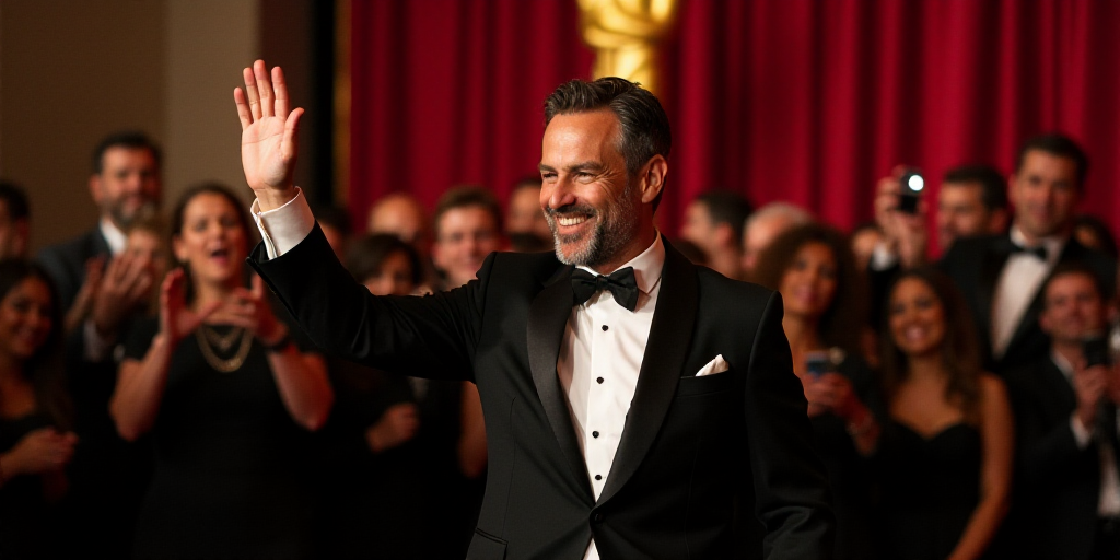 a man in a tuxedo waves to the crowd at an event with his hand up in the air, Felix-Kelly, award - w