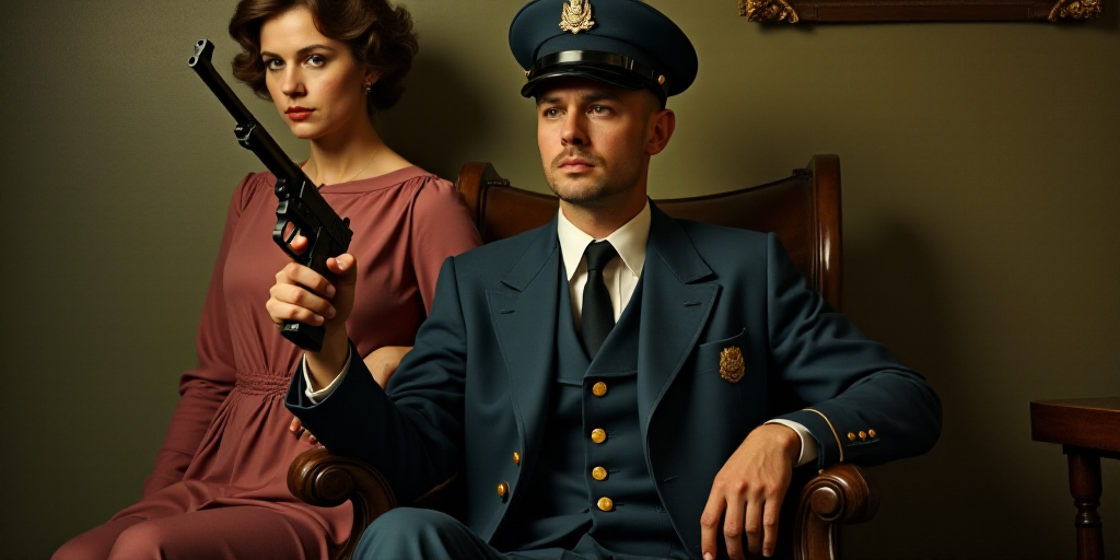 a man in a uniform is sitting in a chair with a gun in his hand and a woman standing behind him, Ame