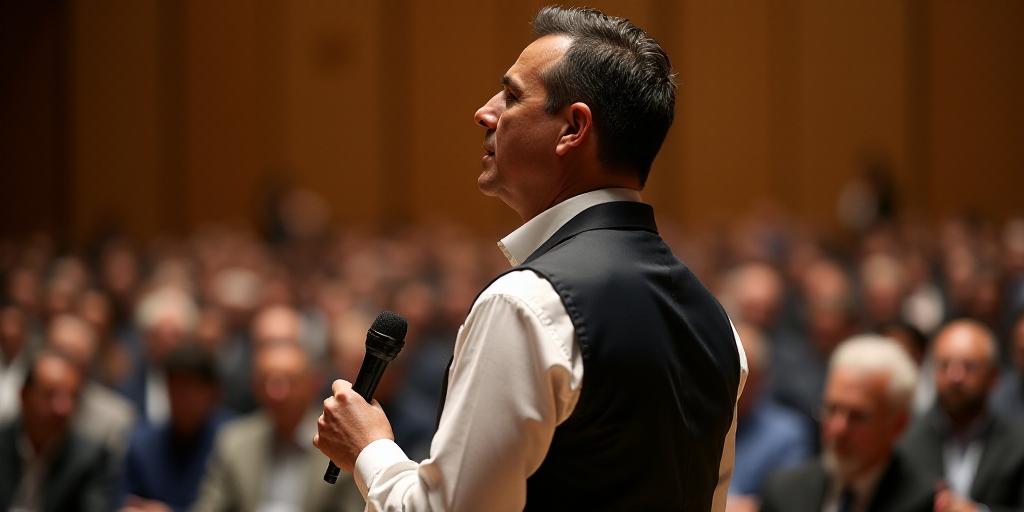 a man in a vest standing in front of a crowd of people in a auditorium with a microphone in his hand