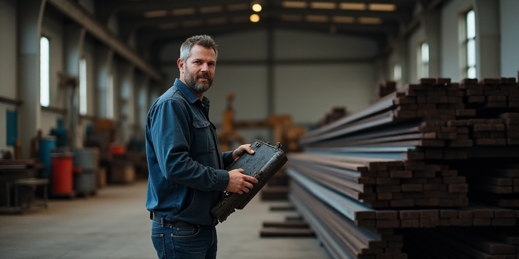 a man in a warehouse holding a piece of metal in his hand and a large amount of steel bars in the ba