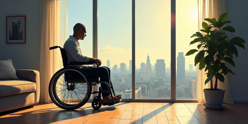 a man in a wheelchair sitting in a living room with a view of the city outside the window and a plan