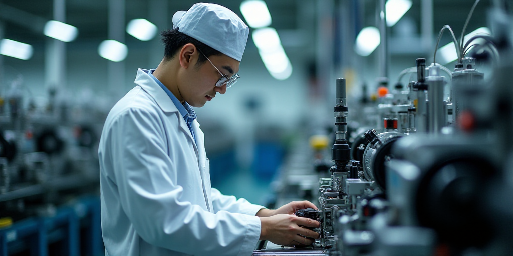 a man in a white lab coat and a white hat is working on a machine in a factory or assembly line, Cao