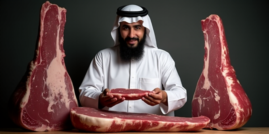a man in a white robe holding a piece of meat in his hands and standing next to two large pieces of
