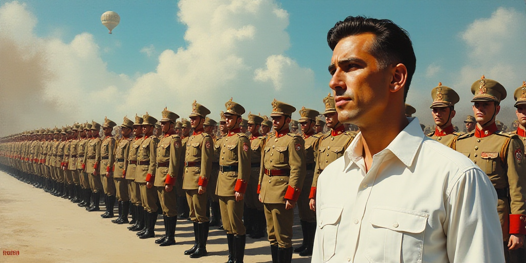 a man in a white shirt and a line of military men in uniform in the background, looking off to the s