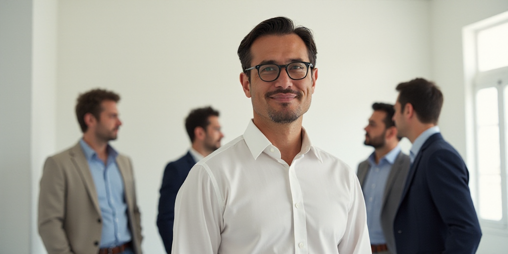 a man in a white shirt and glasses is standing in a room with other men in the background and a whit