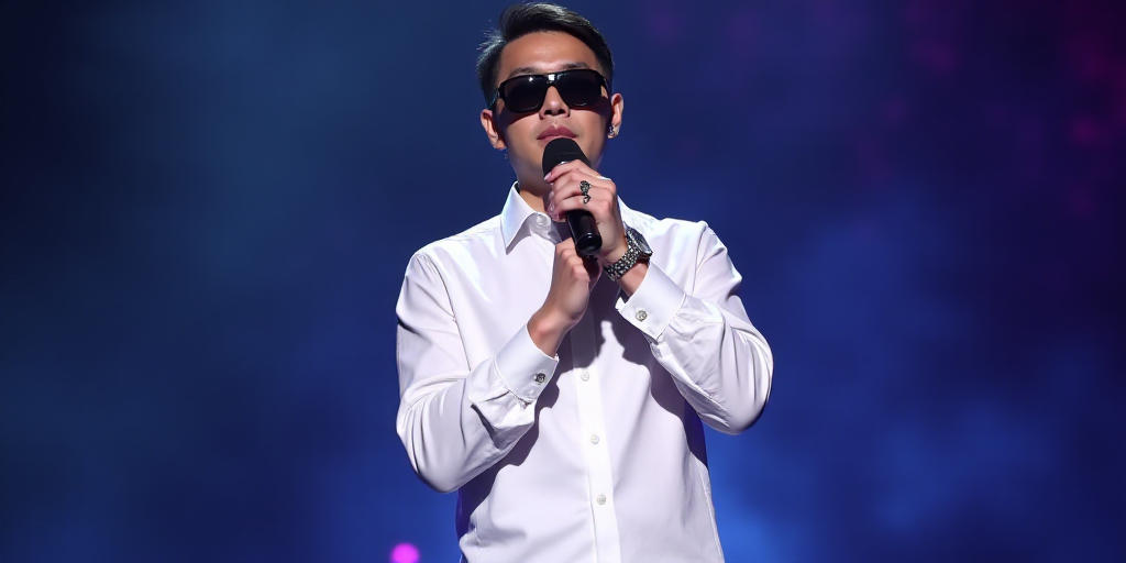 a man in a white shirt and sunglasses on a stage with a microphone and a microphone in his hand, Bia