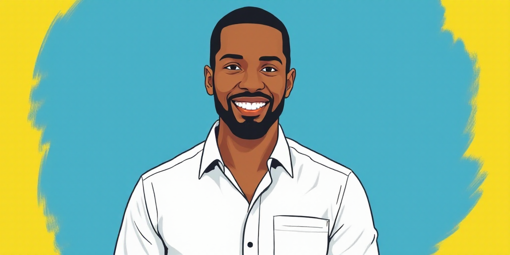 a man in a white shirt is smiling for a picture with a blue background and a yellow border around hi