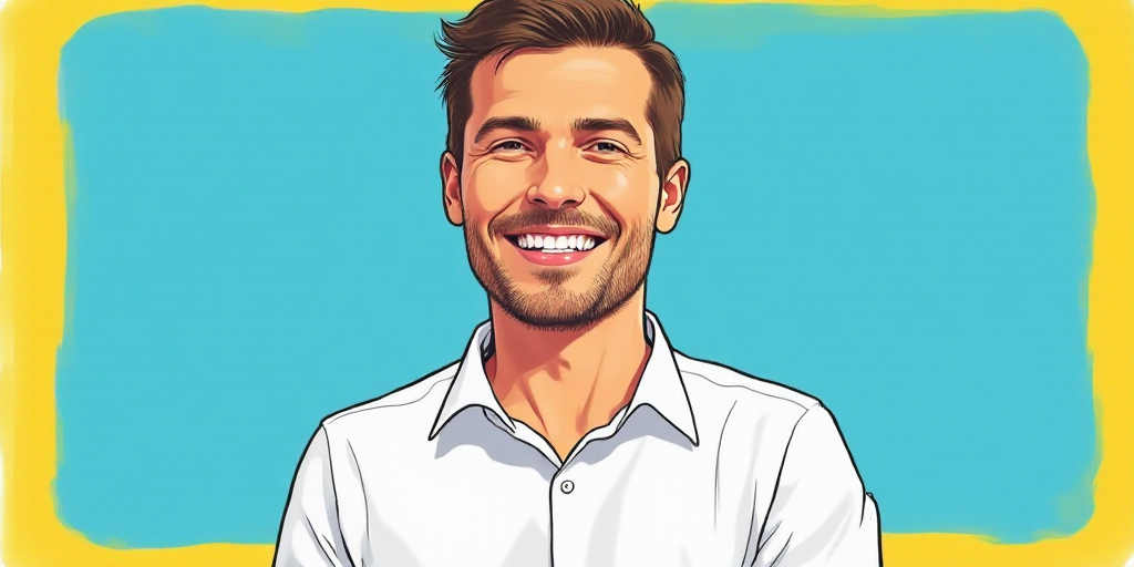 a man in a white shirt is smiling for a picture with a blue background and a yellow border around hi