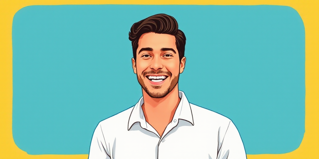 a man in a white shirt is smiling for a picture with a blue background and a yellow border around hi