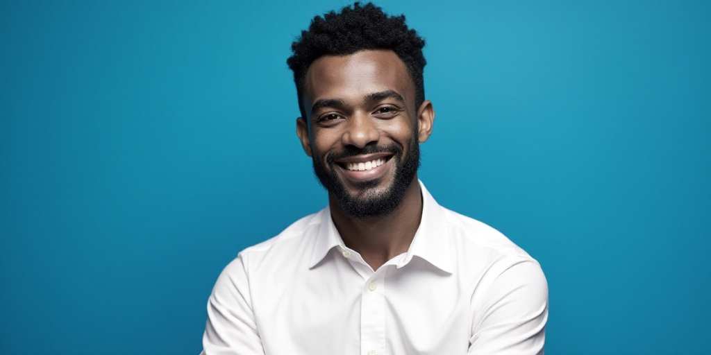 a man in a white shirt is smiling for the camera with a blue background and a black and white photo,