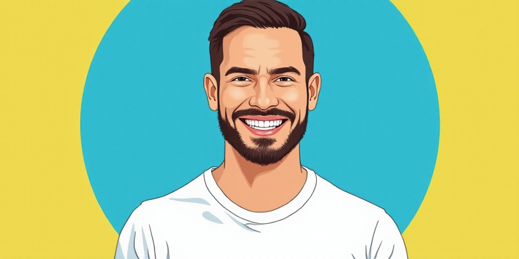 a man in a white shirt is smiling for a picture with a blue background and a yellow border around hi