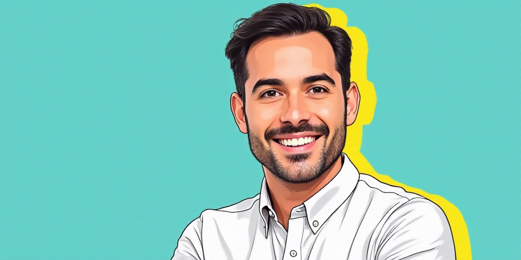 a man in a white shirt is smiling for a picture with a blue background and a yellow border around hi