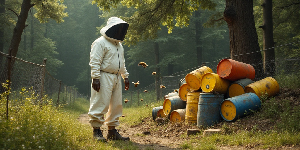 a man in a white suit and some bees in a forest area with trees and a fence and a pile of plastic ba
