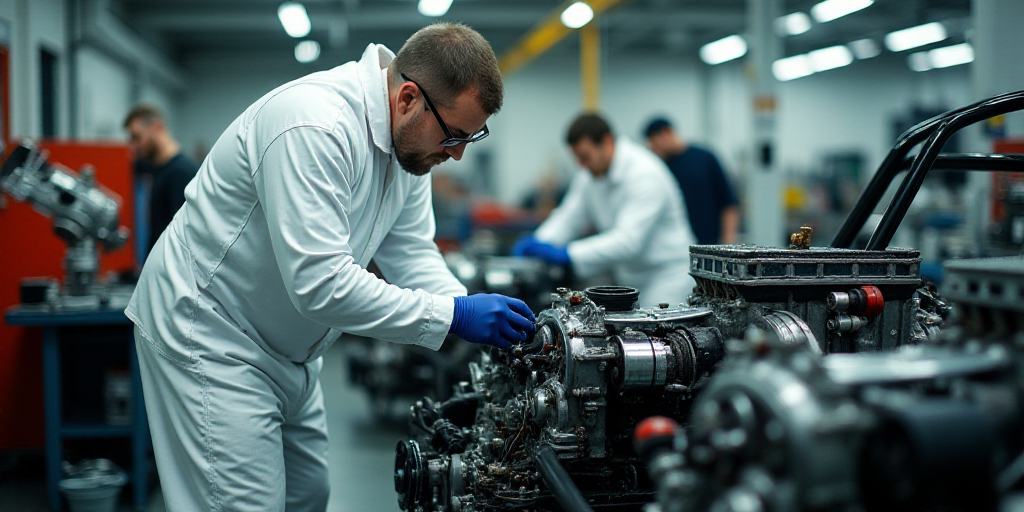 a man in a white suit working on a car engine in a factory with other workers nearby and a machine i