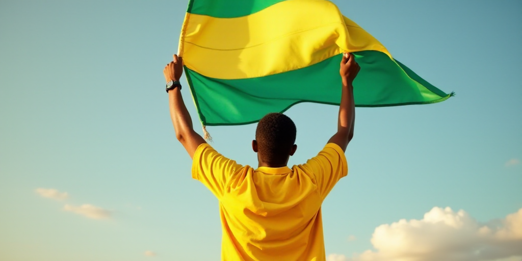 a man in a yellow shirt holding a flag and a green and yellow flag in the air with his hands up, Ame
