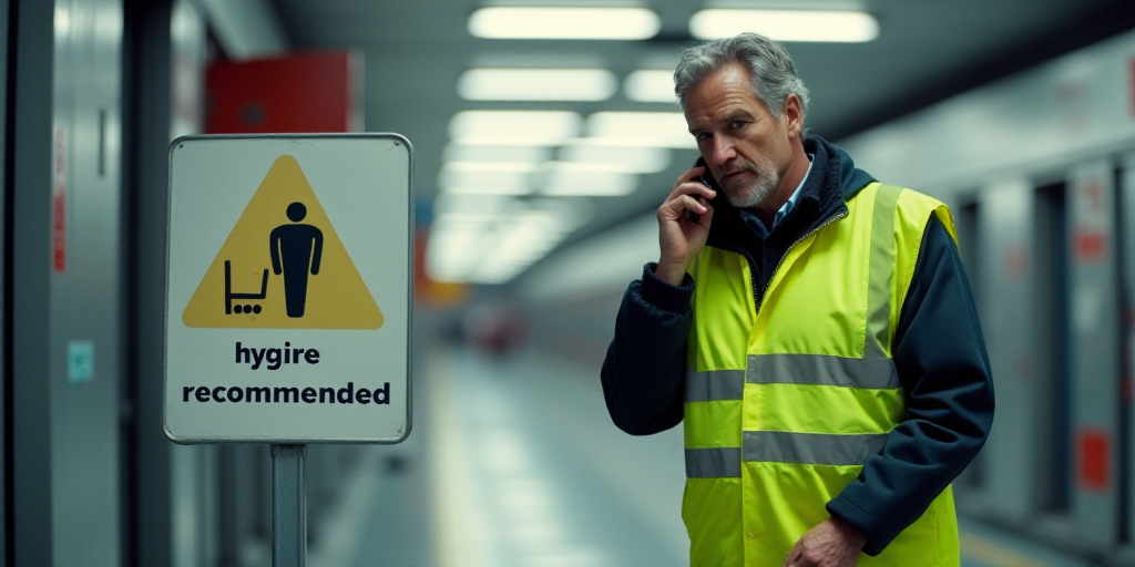 a man in a yellow vest talking on a cell phone next to a sign with the words hygiene recommended, Ar