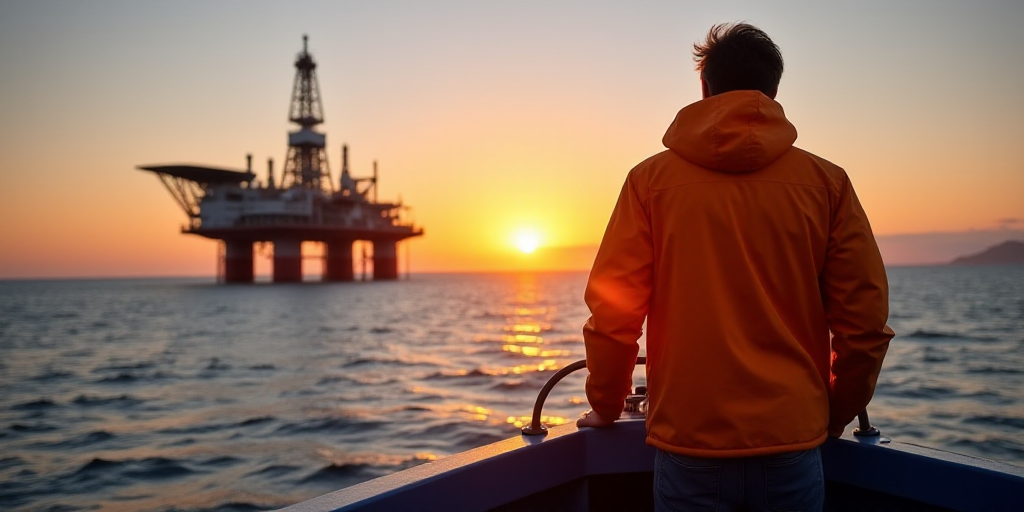 a man in an orange jacket standing on a boat looking at an oil rig in the ocean at sunset, Bascove,