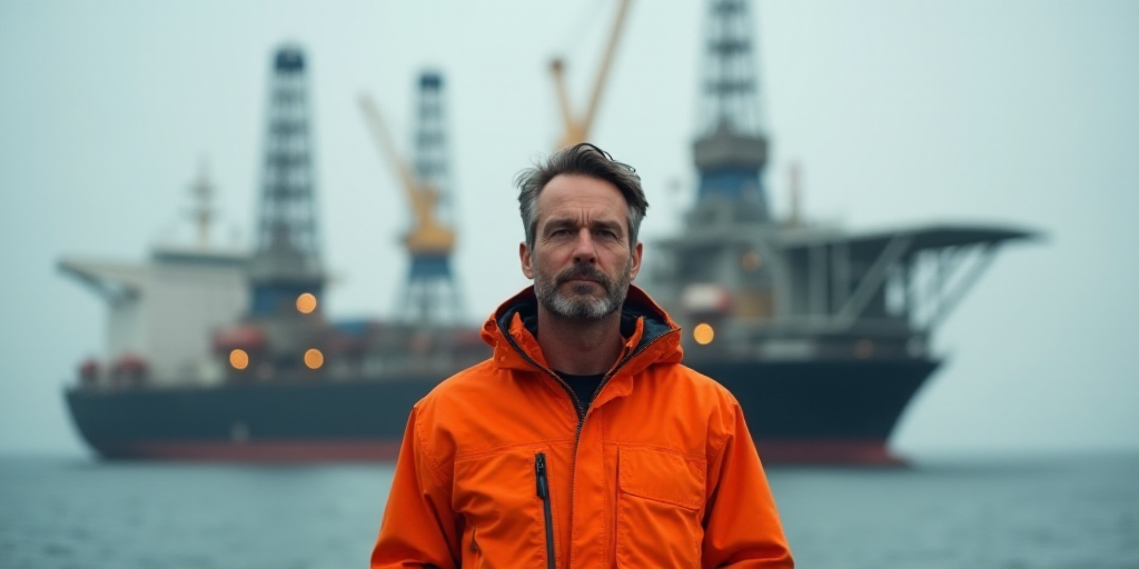 a man in an orange jacket standing in front of an oil rig and a large ship in the background, Consta