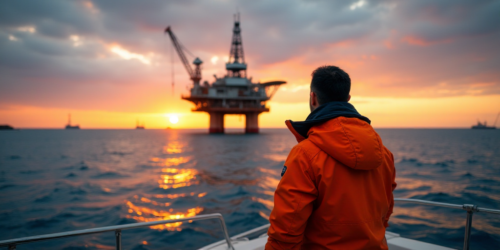 a man in an orange jacket standing on a boat looking at an oil rig in the ocean at sunset, Bascove,