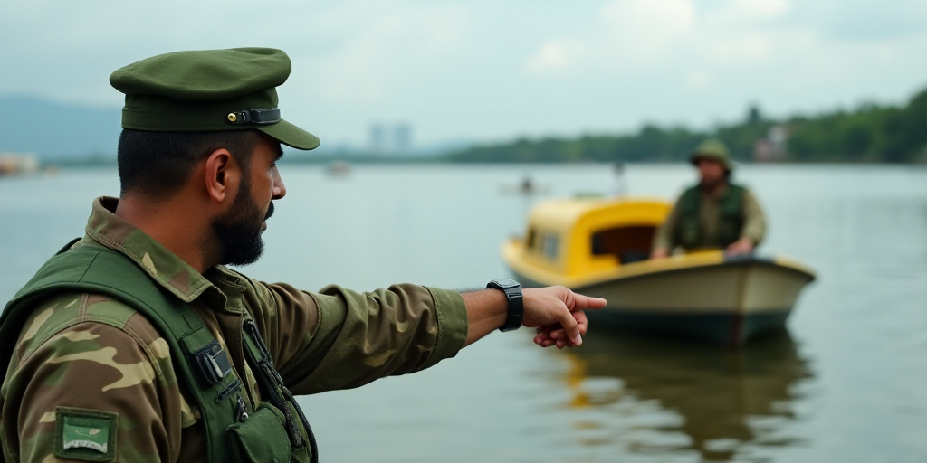 a man in camouflage pointing at a boat in the water with a yellow boat in the background and a man i